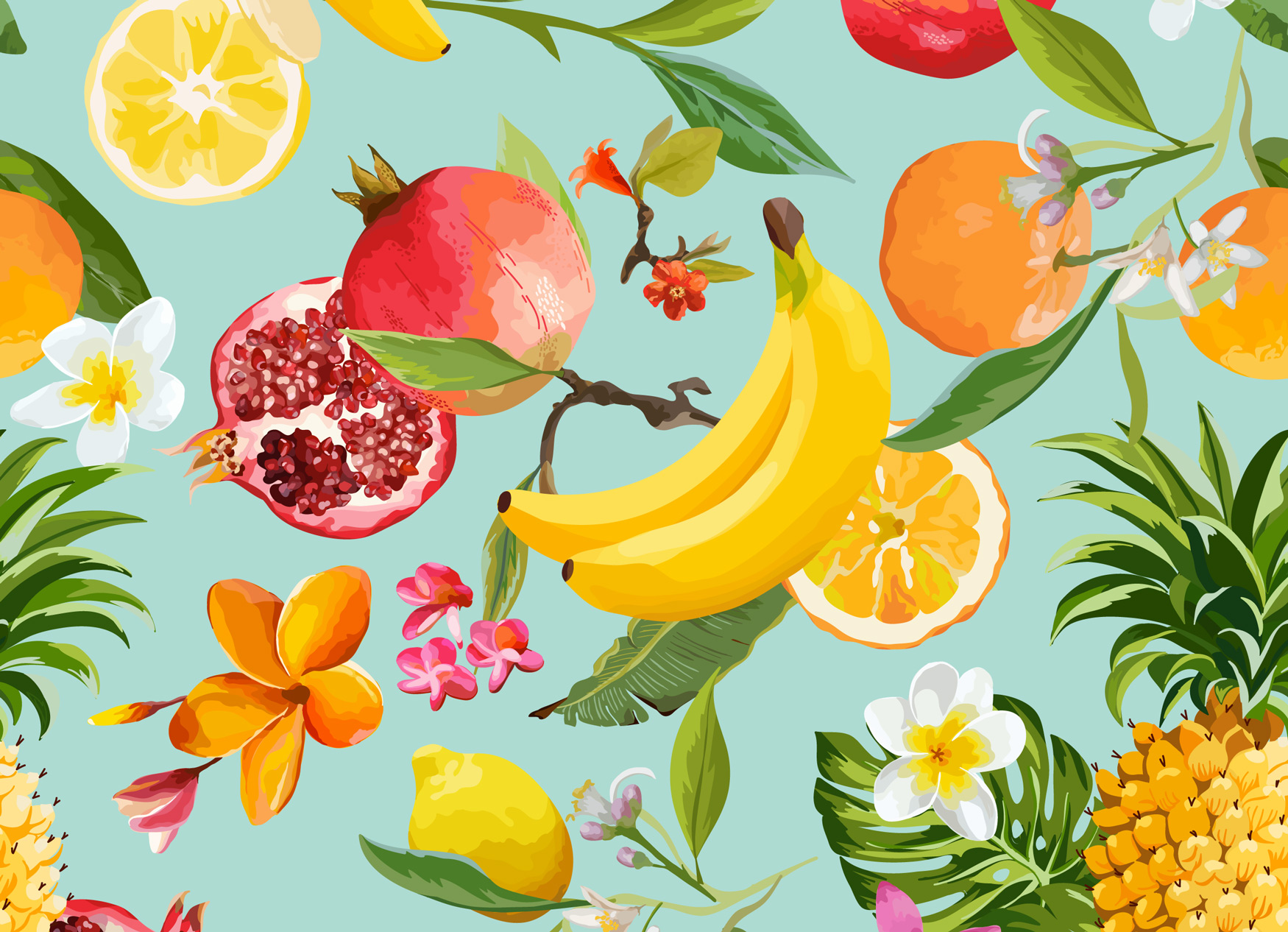 Seamless Tropical Fruits Pattern. Exotic Background with Pomegranate, Lemon, Flowers and Palm Leaves for Wallpaper, Wrapping Paper, Fabric. Vector illustration